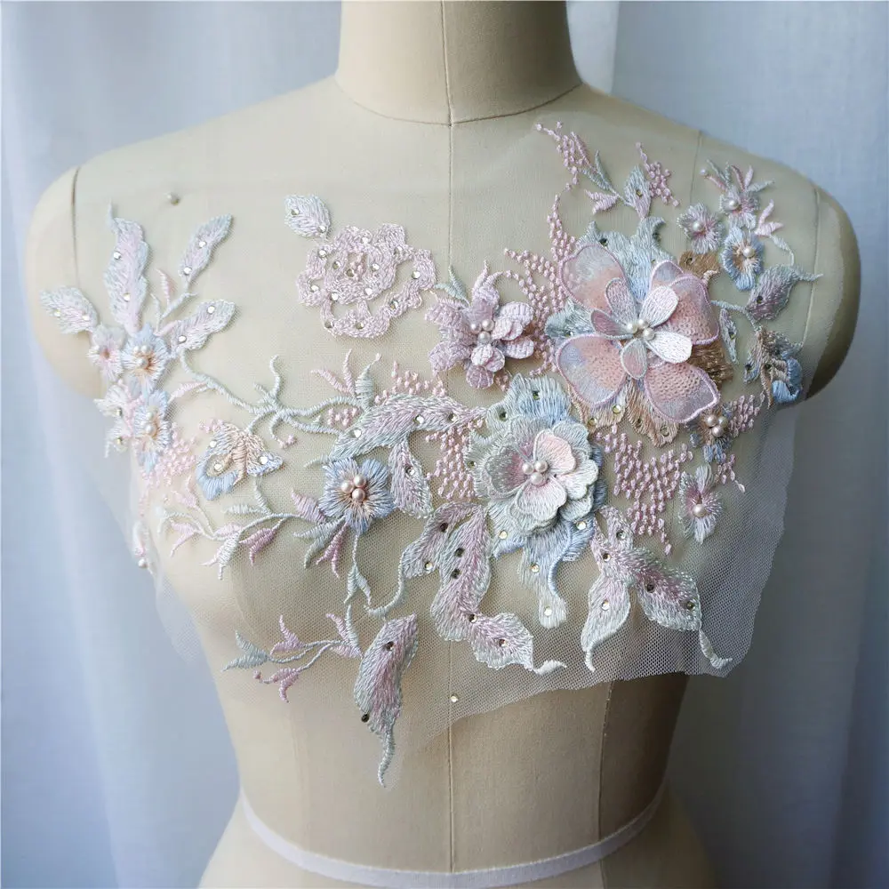 

33CM Embroidered Flowers Rhinestone Appliques Mint Green Sew Patch Pearls Lace Fabric Mesh Wedding For Bride Evening Dress DIY