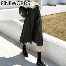 FINEWORDS, Ретро стиль, повседневная юбка с высокой талией, Корейская уличная одежда, плиссированные юбки, Женская однотонная Повседневная Длинная юбка, Harajuku jupe femme