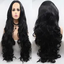 Натуральный черный синтетический парик на кружеве 150% плотность объемная волна Термостойкое волокно средний пробор естественная линия волос для женщин парик