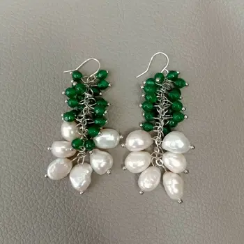 

Cultured White Baroque Pearl Green J1ade Hook Earrings