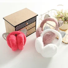 Складная кошачьими ушками наушники блесток Для женщин пальто с мехом для девочек плюшевыми ушками теплые наушники повязка на голову с блестками