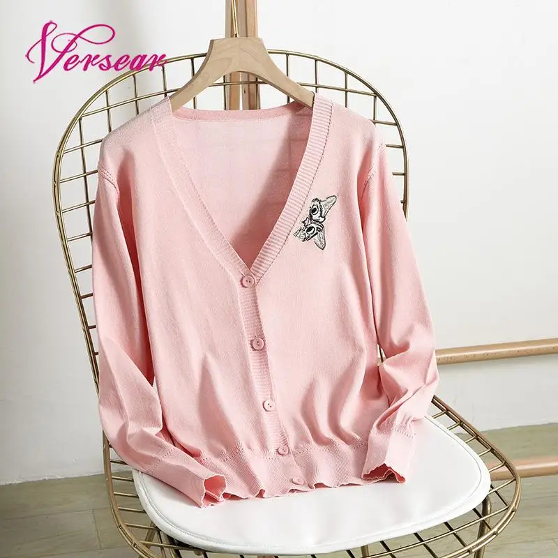 

Versear Women Solid Knitted Cardigan Coat Kawaii Embroidered Button Front V Neck New Autumn Spring Thin Sweater Female Outwear