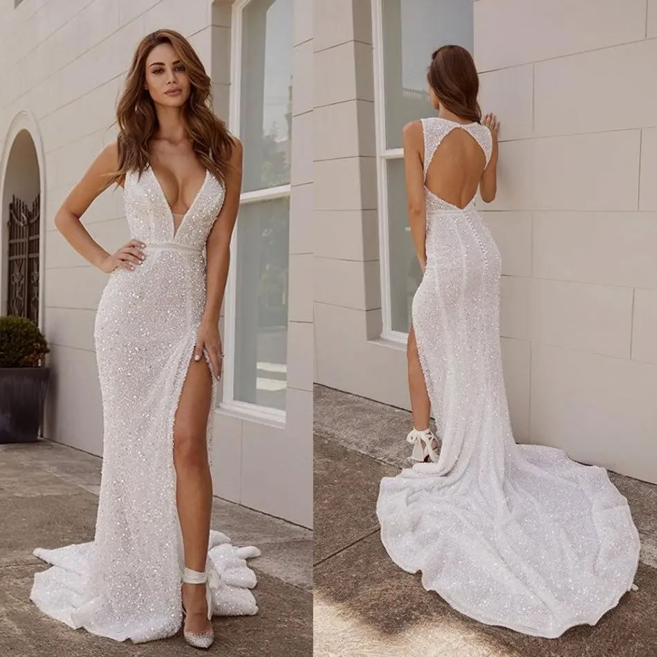 

Luxury High Split Wedding Dresses Beading Sequins V Neck Mermaid Wedding Dress Bridal Gowns Hollow Back Plus Size Abiti Da Sposa