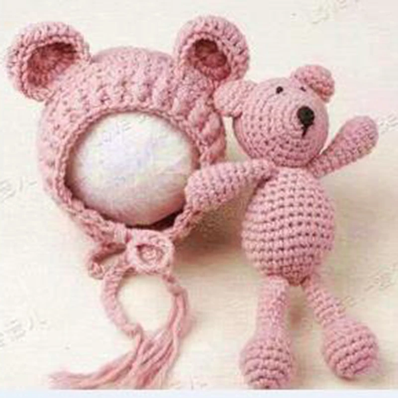 Шапка, кукла, набор для новорожденных, реквизит для фотосъемки, зимняя одежда для мальчиков и девочек, милая теплая шерстяная вязаная одежда для малышей, реквизит для фотосъемки - Цвет: Розовый