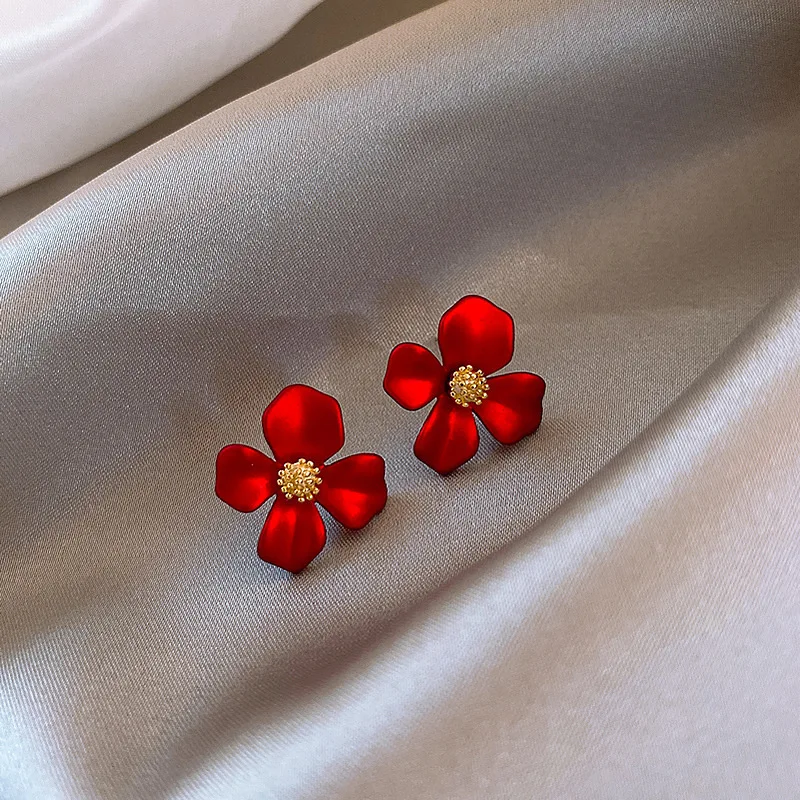S925 Silver Flower Earrings Red Petals Net Red Temperament Cute Small Flower for Female Jewelry flower earrings