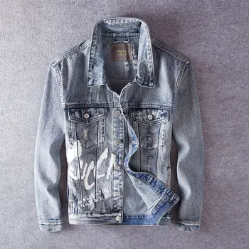 

Fashion Streetwear Men Jackets Retro Blue Printed Designer Hip Hop Denim Jackets Men Slim Fit Punk Style Ripped Chaqueta Hombre