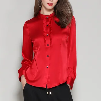 

Satin Silk Stand Collar Women Blouse with Ruffle Spring Summer Full Sleeve Top for Elegant Office Ladies ssh006