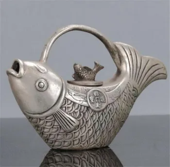 

Copper Statue Collectable Chinese Tibet Silver Handwork Koi Fish Carp Goldfish Teapot Tea Set Water Pot Kangxi Height:3.54in