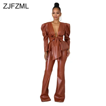 

Pu Leather Ruffles Fashion Women Two Piece Tracksuit Deep V Neck Long Puff Sleeve Sashes Coat + Floor-length Flare Pants Outfit