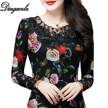 

Ms. Dingaozlz M-4XL Autumn Long-sleeved T-shirt Patchwork Plus size Female Tops Flower Printed Casual Women shirt