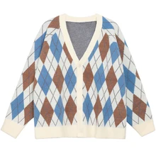 

Japanese Vintage Sweater Coat 2022 Winter New Plaid V-Neck Cardigan Men Couples Loose Oversized Knitted Cardigan Hip Hop Sweater