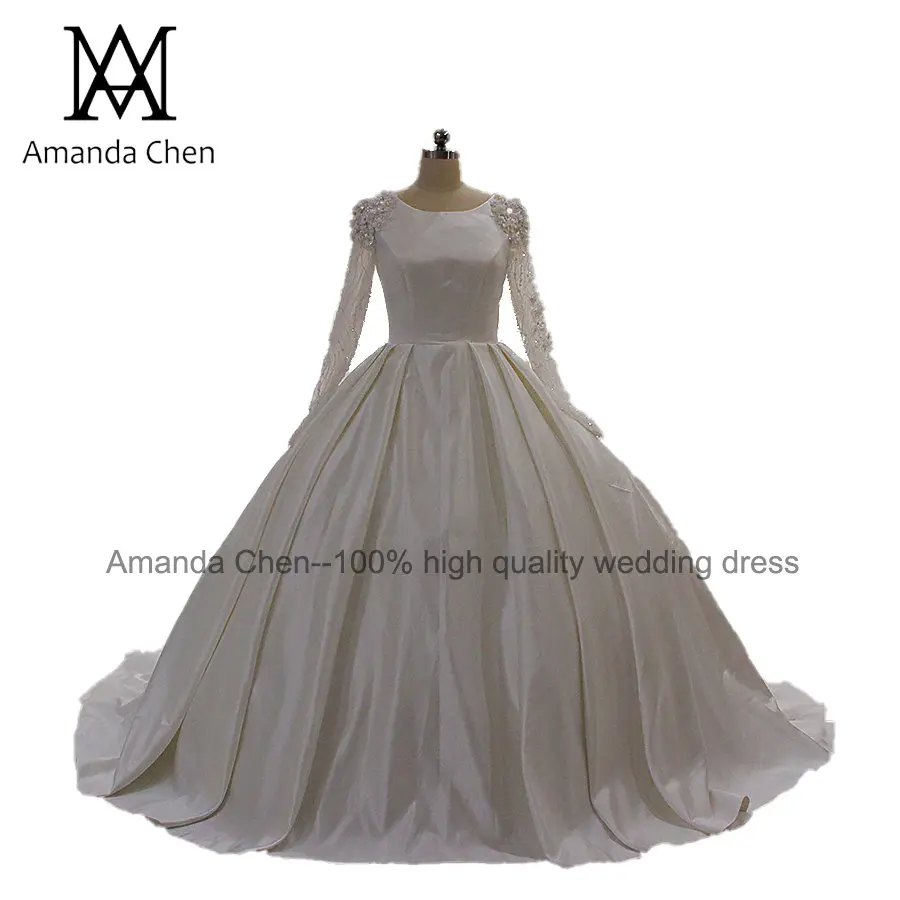 Robe mariee Кристалл Атласное мусульманское с длинным рукавом свадебное платье