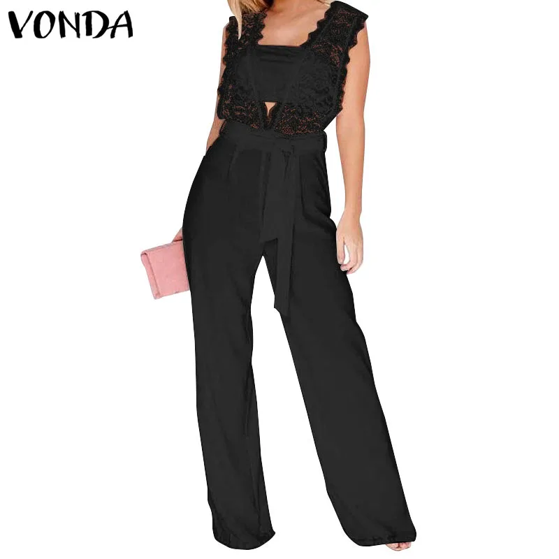 

VONDA Rompers Women Jumpsuit 2019 Summer Overalls Sexy Deep V Lace Party Plus Size Playsuits Female Elegant Office Ladies Pants