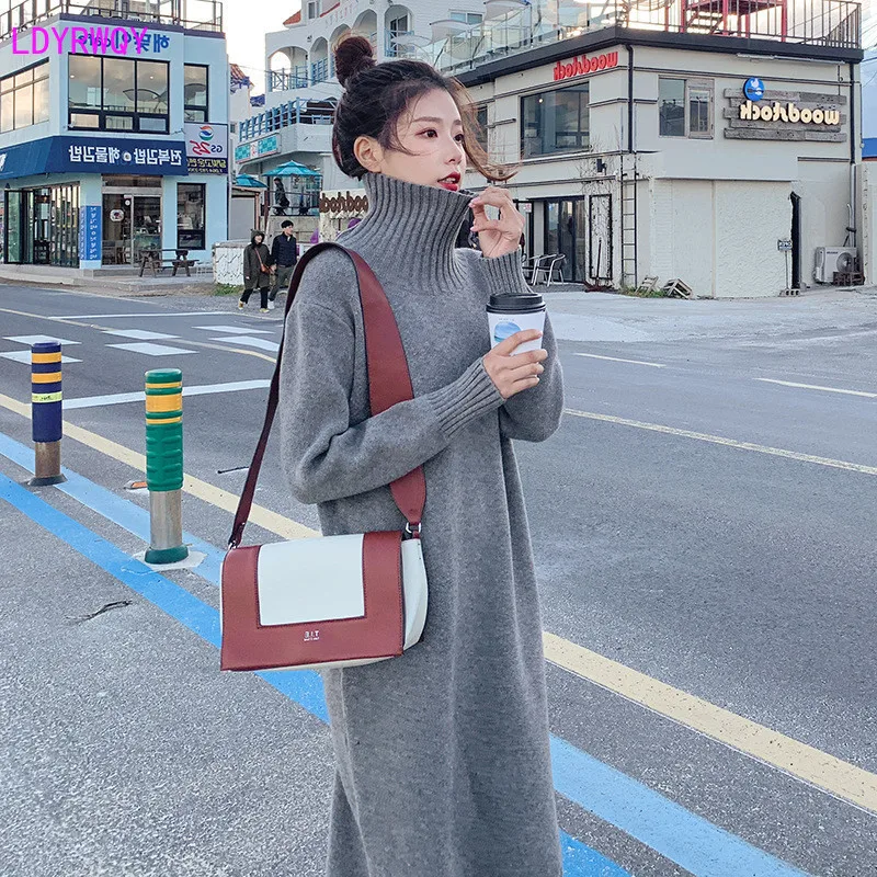 

2019 autumn and winter new Korean women's fashion high collar long-sleeved solid color long paragraph bottoming wild knit dress