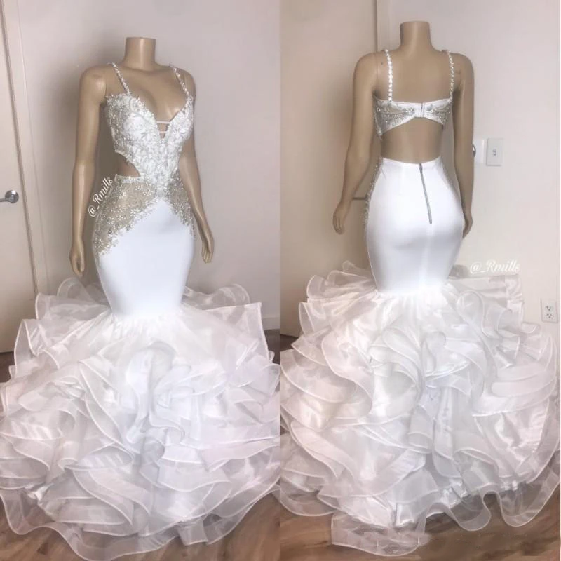 green ball gown White Organza Ruffles Prom Dresses With Applique Lace Spaghetti Straps Mermaid Evening Gowns robes de soirée Party Gowns cute prom dresses