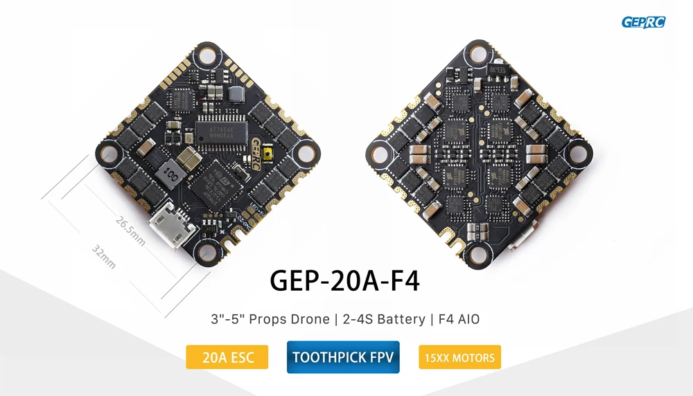 GEPRC GEP 20A F4 AIO F4 MPU6000 Flight Controller OSD 20A Blheli S 2-4S Brushless ESC 26.5x26.5mm for RC FPV Racing Drone