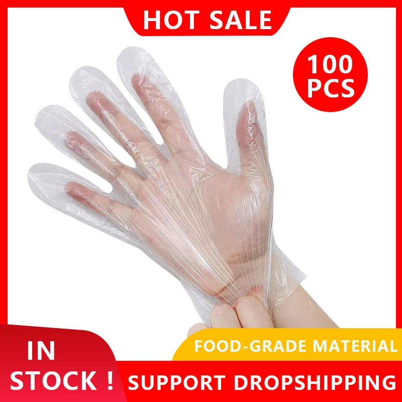 

Plastic Disposable Gloves 100pcs Household Cleaning Eco-friendly PE Gloves Transparent For Kitchen One-off BBQ Food Grade Gloves