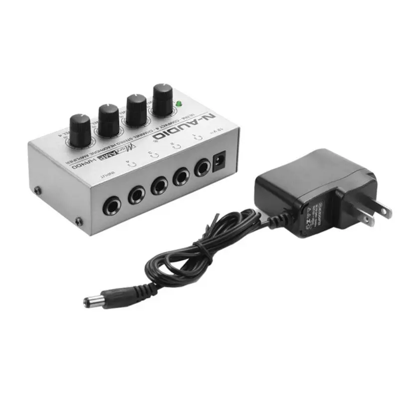 Kopen EU ONS UK Plug Ultra Compact 4 Kanalen Zilveren Mini Audio Stereo Hoofdtelefoon Versterker Met Power Adapter Voor Geluid versterking
