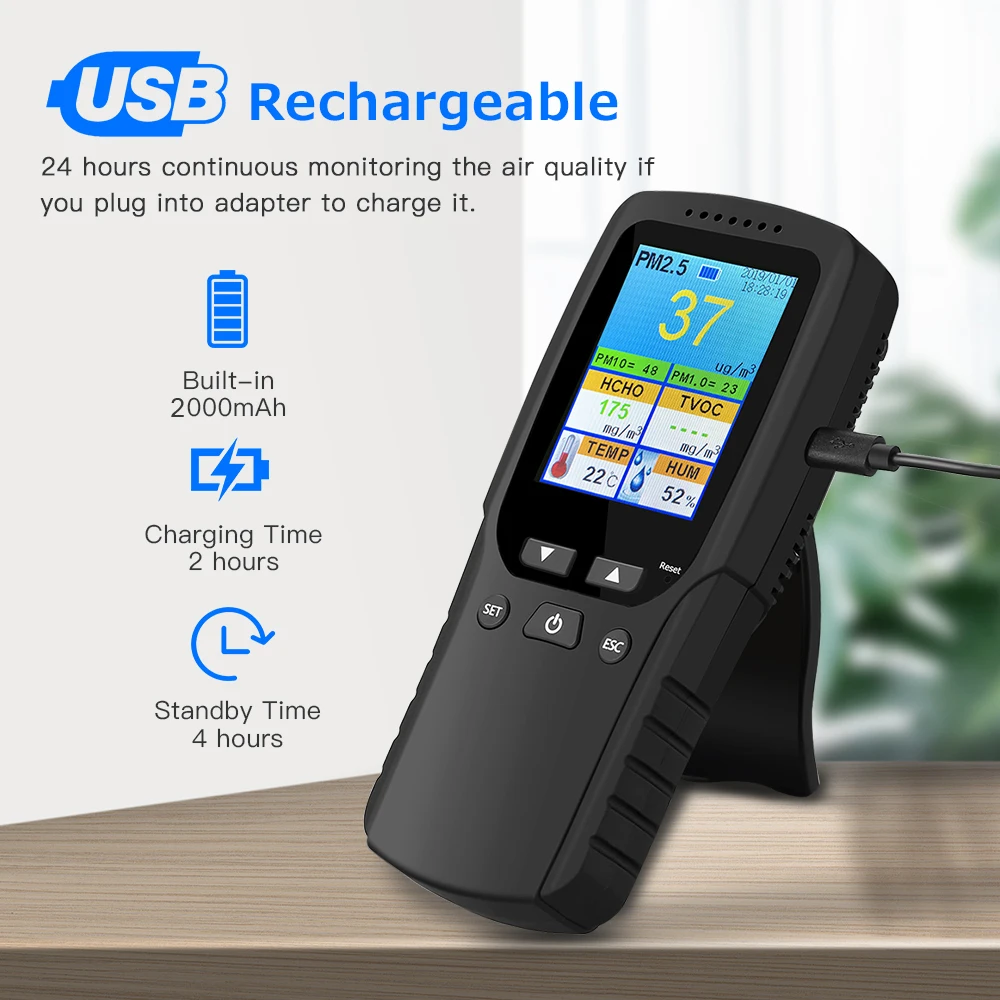PM2.5 meter TVOC detector 9 in 1 Air quality monitor indoor outdoor tester air quality tester PM10 AQI monitor PM1.0 formaldehyde detector HCHO temperature and humidity sensor PM2.5 meter TVOC detector 9 in 1 Air quality monitor indoor outdoor tester air quality tester PM10 AQI monitor PM1.0 formaldehyde detector HCHO temperature and humidity sensor