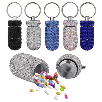 

2Pcs Aluminum Alloy Sealing Medicine Pill Case Storage Box Outdoor Portable Waterproof Rhinestone Keychain Pill Container