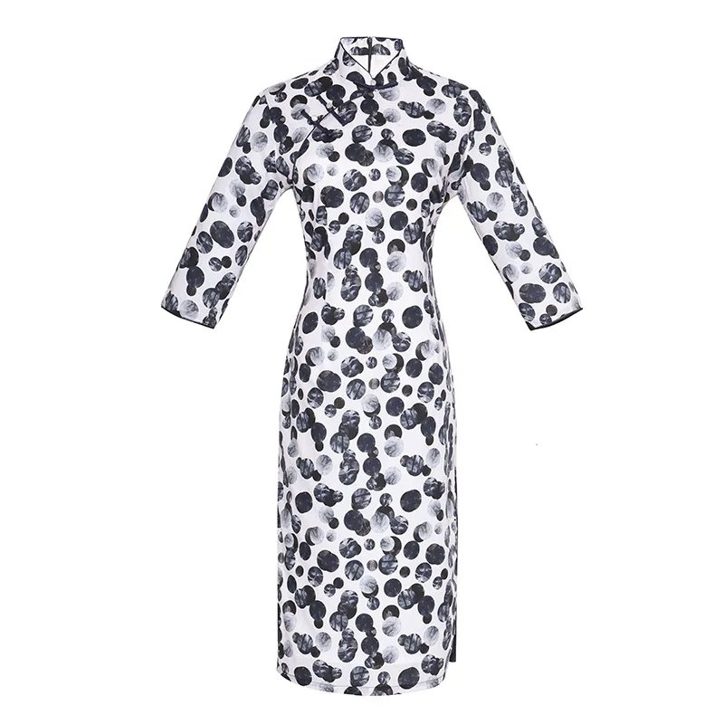 M-3XL до колена Cheongsam Китайский Стиль Мандарин воротник короткое платье Весна Женские Хлопок Qipao Тонкий платья для вечеринок Vestido - Цвет: 3810