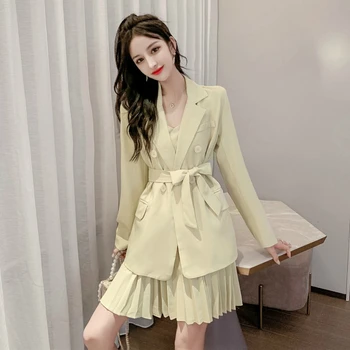 

2019 Autumn Winter Casual Elegant Black Blazer and Spaghetti Strap Mini Pleated Dress Ladies Modis Streetwear Fall 2 Piece Set