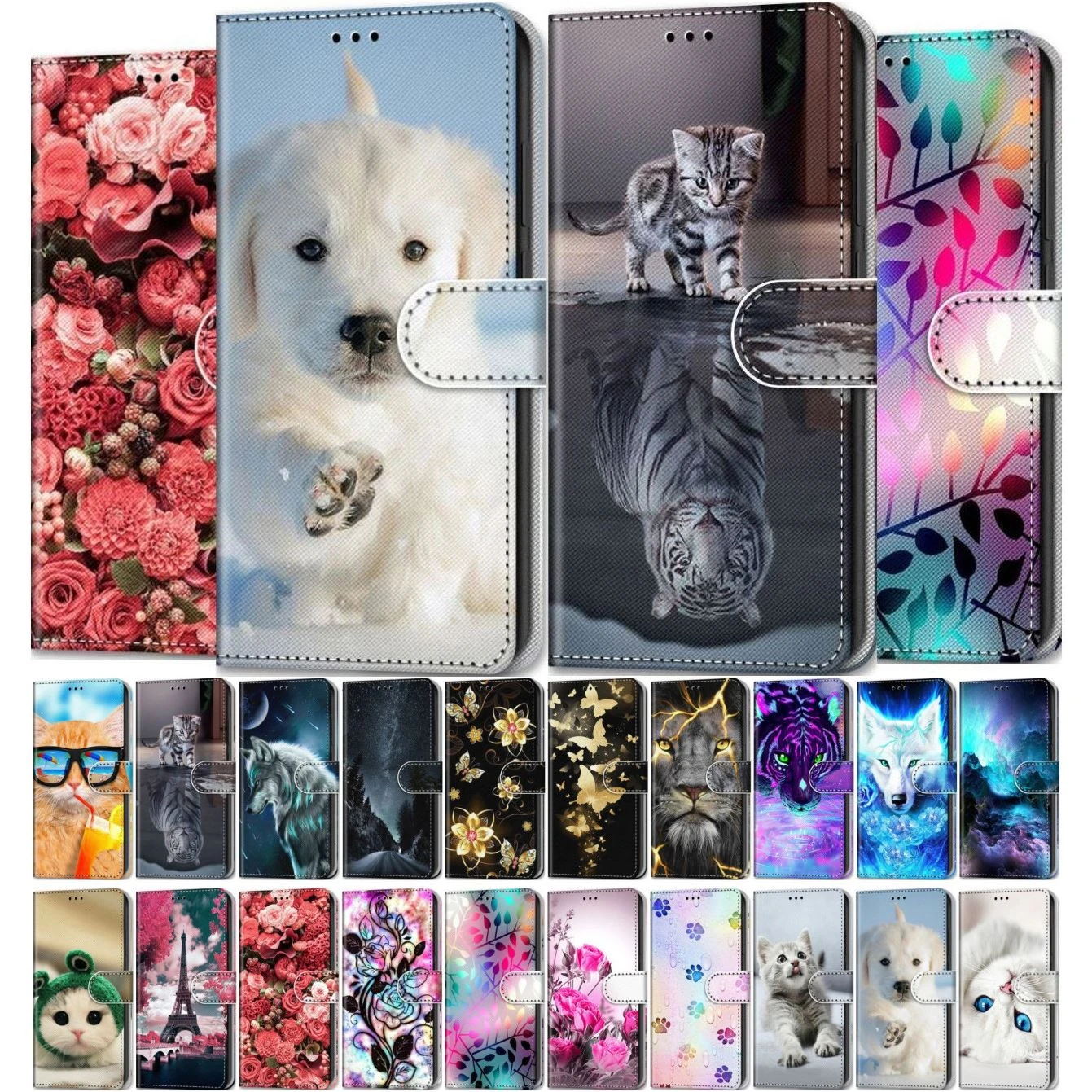 Flip Phone Case For Redmi Note 10 9 Pro 9S 10S 4G 5G Redmi 9A 9C Kids Phone Bags Cat Tiger Flower Card Slot Magnetic Wallet D08F