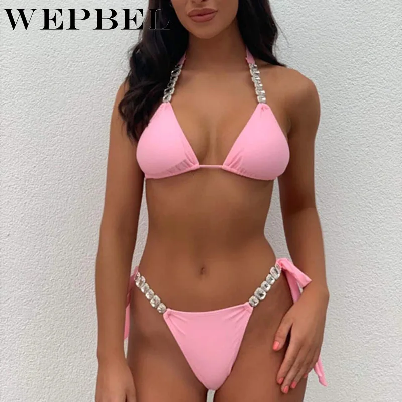 WEPBEL, 2 шт., бюстгальтер+ стринги, на шнуровке, бриллиантовый комплект бикини, для женщин, высокая талия, сексуальный, для плавания, ming, купальник, одежда для плавания, пляжные бикини