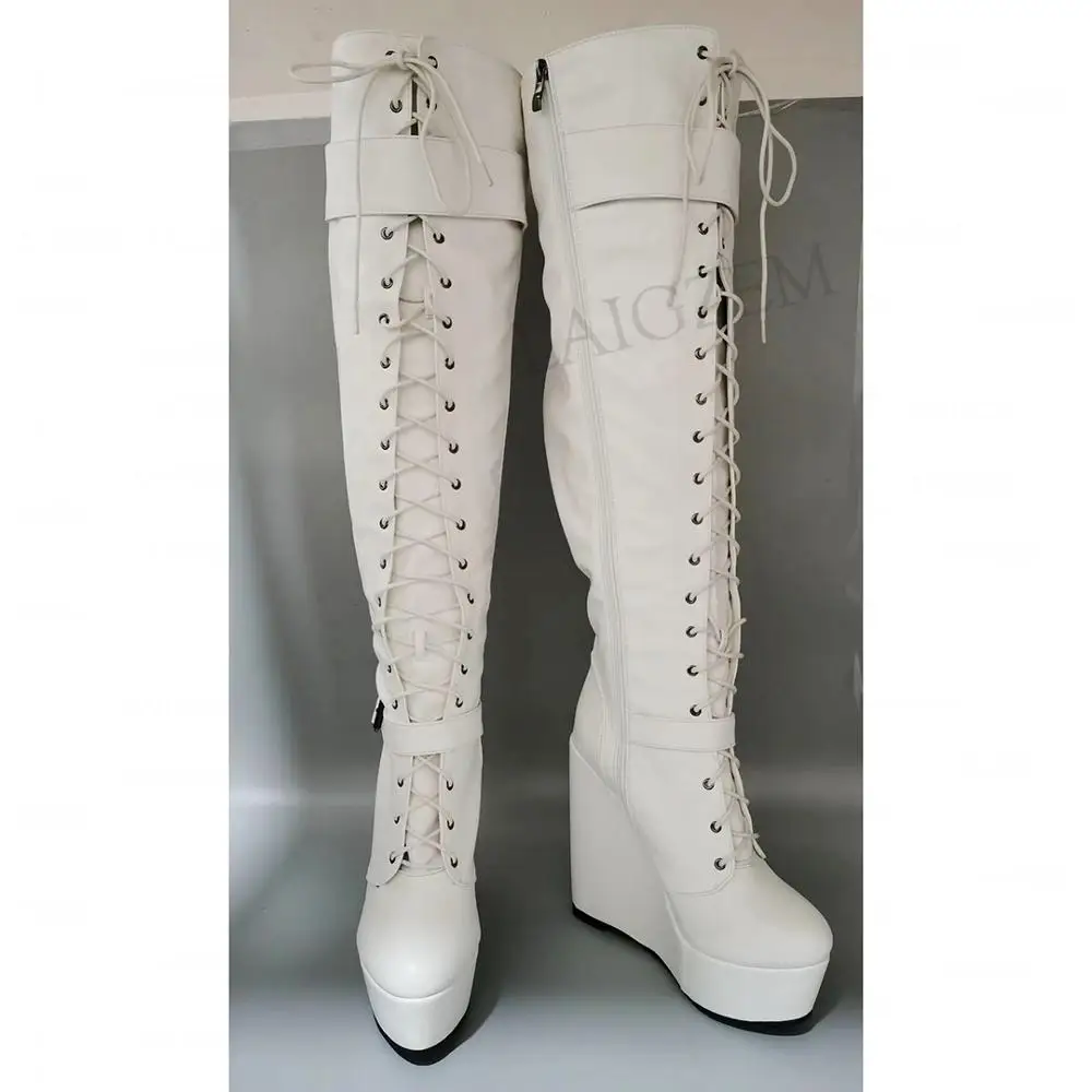 

BERZIMER Women Knee High Boots Lace Up Wedges Wide Calf Friendly Boots Handmade Faux Leather Shoes Woman Ladie 43 44 45 47 52