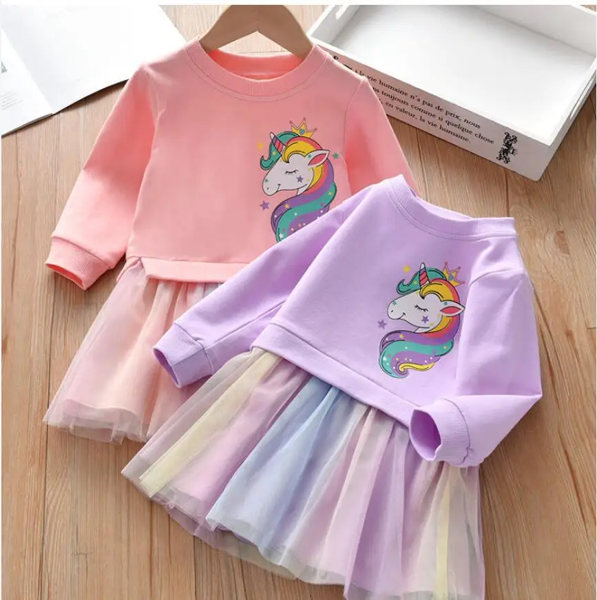 Girls Dress Girl Clothing Autumn Cartoon Unicorn Printed Long-sleeved Shirt Stitching Rainbow Mesh Princess Dress for 2 3 4 5 6 Years girls dress princess costume kids clothes
