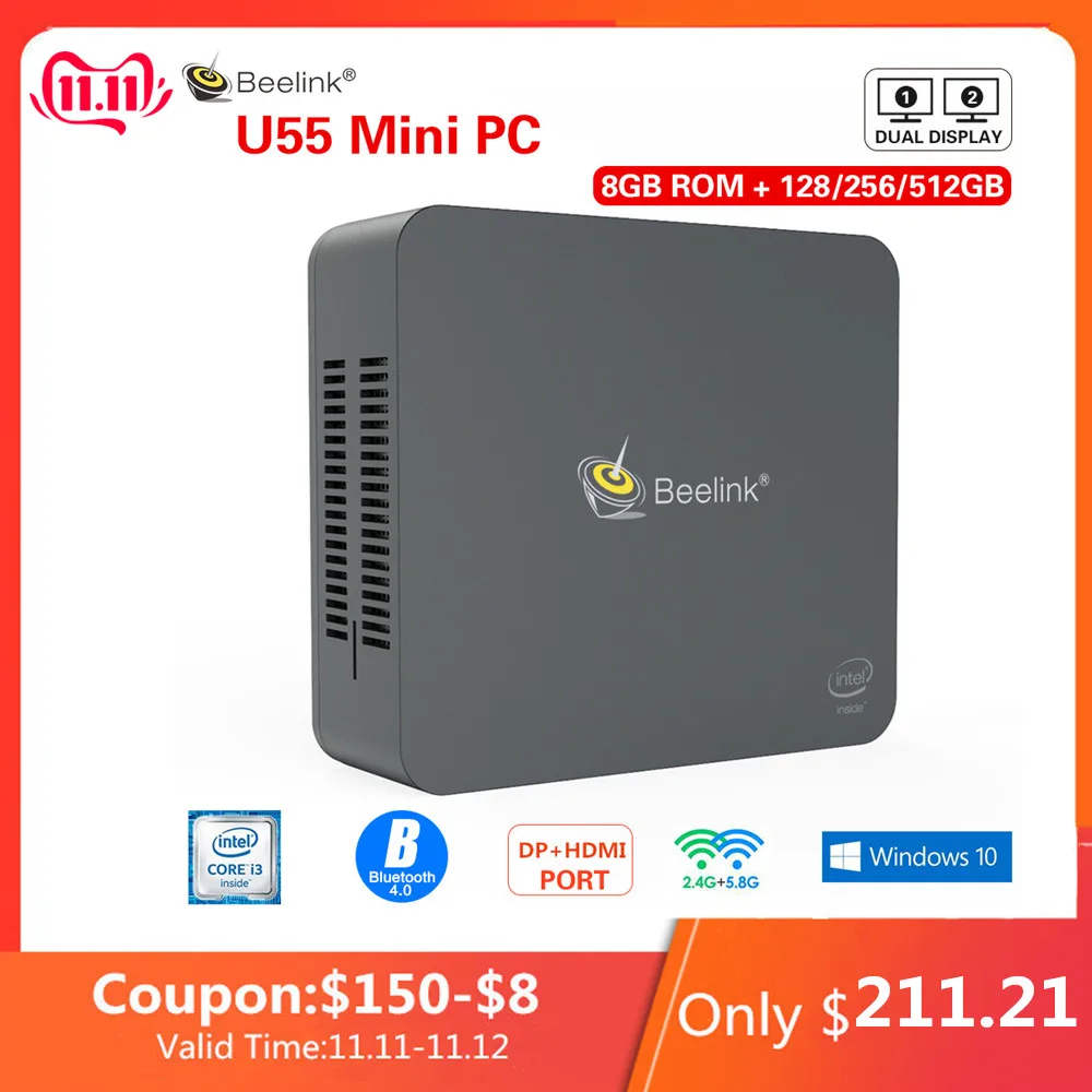 

Beelink U55 Mini PC Win10 Intel Core I3-5005U 2.4G+5.8G Dual Wifi 8GB DDR3L 256GB 512GB SSD DP+HDMI Dual Screen Mini Computer