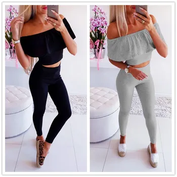 

2 Piece Outfits Women Sexy Pullover Slash Neck Short Sleeve Crop Tops Elastic Waist Pencil Sports Long Pants Casual Female Sets