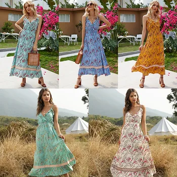 

Bohemian Women's Printed Flounce Dress Big Pendulum V-neck Condole Belt Dress Summer New Style