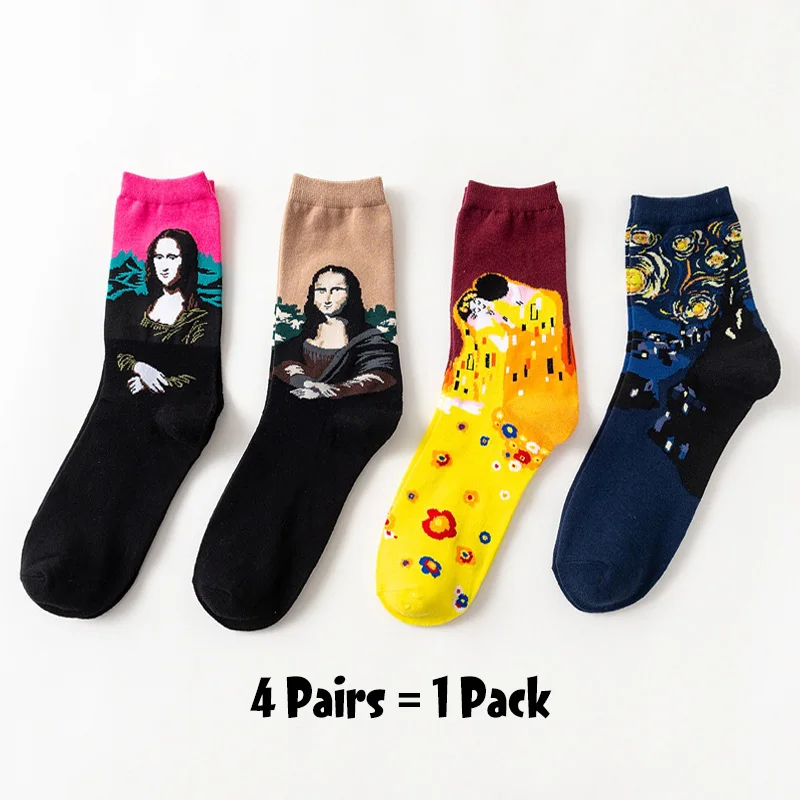 4 пары, счастливые мужские носки, забавные носки, мужские носки в британском стиле с рисунком кукурузы, космонавтов, арбуза, в полоску,, чистый хлопок, Harajuku - Цвет: 4 Pairs-10