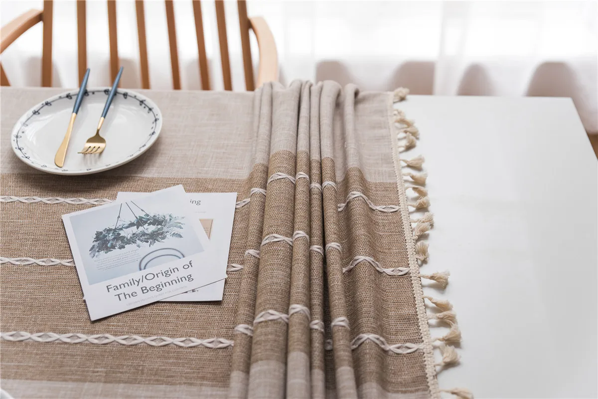 Stripe Cotton Linen Geometric Table Cloth Lace Tablecloth Rectangle Christmas Tea Table Cloth Table Cover Lace Tassel
