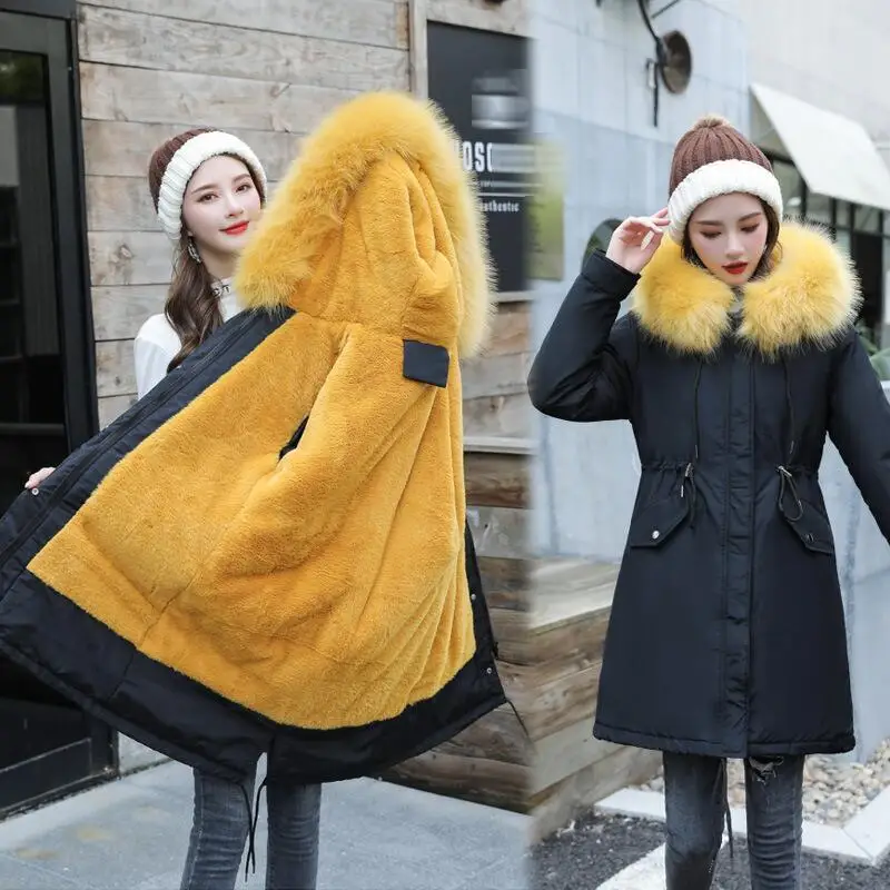 30 градусов, одежда для снежной погоды Длинные парки зимняя куртка Для женщин с меховым капюшоном Костюмы женский Меховая подкладка Толстое Зимнее пальто Для женщин - Цвет: Yellow