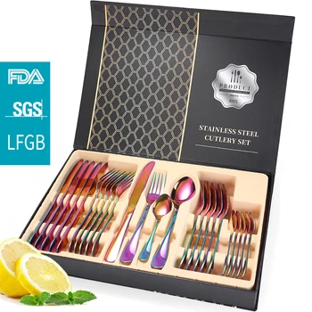 

24pcs Dinnerware Set Stainless Steel Tableware Set Knife Fork Spoon Flatware Set Safe Cutlery Set Gift Box Family suit