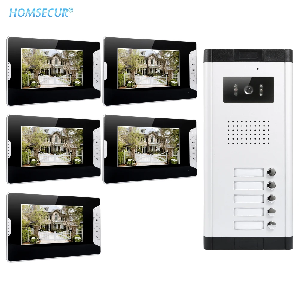 HOMSECUR 4 Wire 7\ Multi Apartment Video&Audio Home Intercom+700TVL Night Vision Camera for House/Flat XC061-5+XM703-B