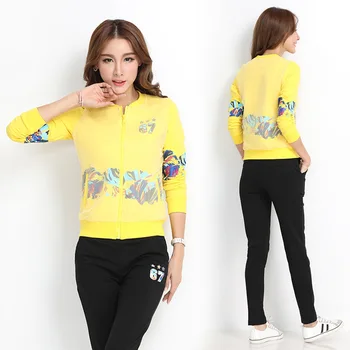 

Spring Women Sportswear Tracksuit Printed Zip Up Jacket Sweatshirt+pant Running Jogger Fitness Casual Athletic Set Sport Suit