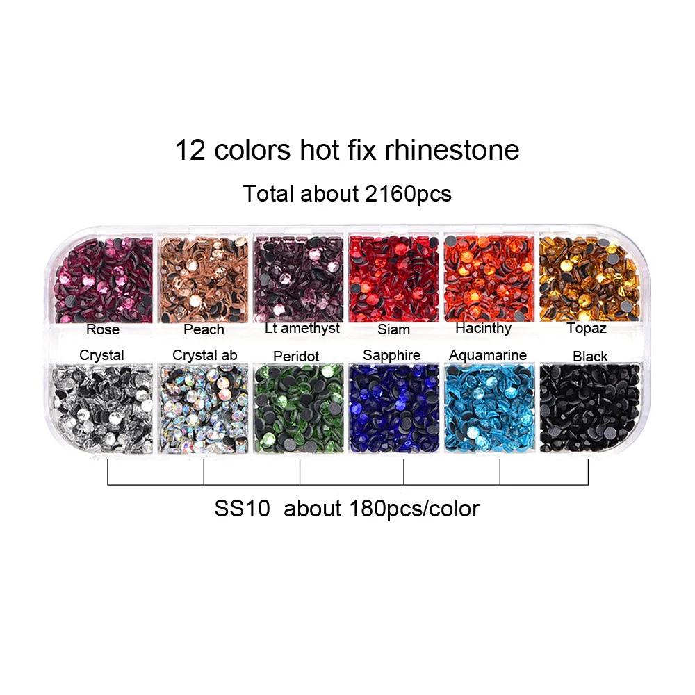 

New Box Set Mix Colors 12 grid box Hotfix rhinestone 2160pcs Flatback crystal stone for DIY clothing shoe bag free shipping