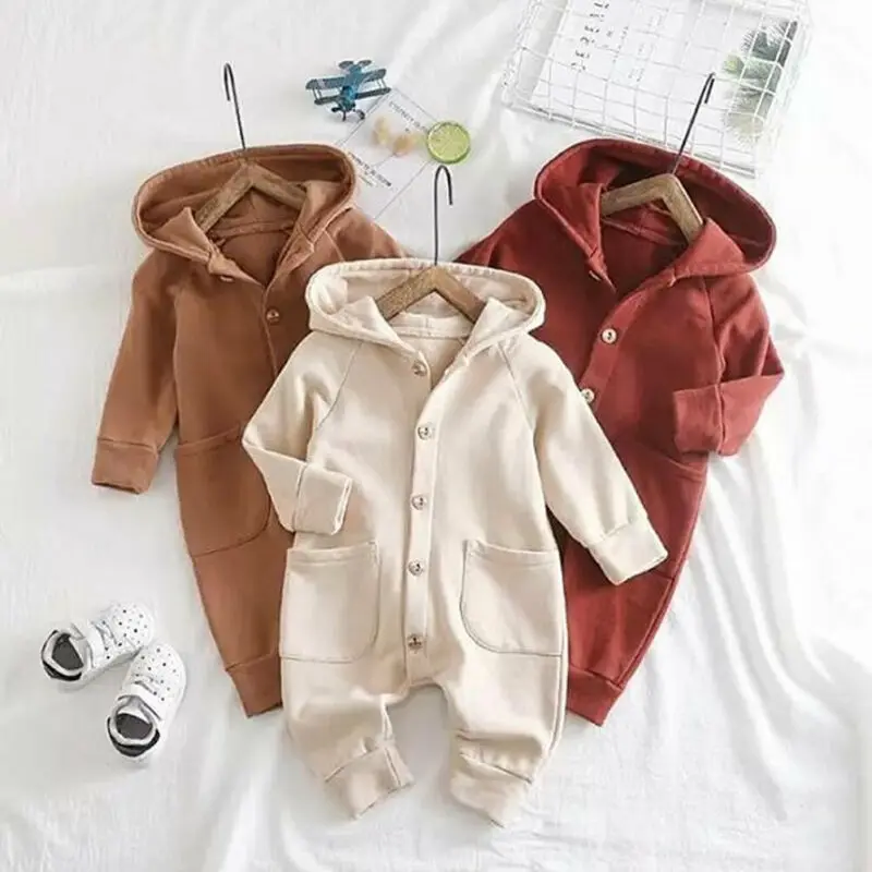 Newborn Baby Long Sleeve Jumpsuit Solid Hooded Zipper Romper Warm Coat Outwear 