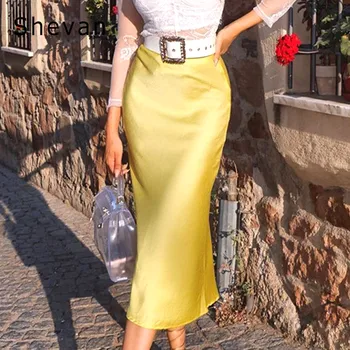 

Shevan Sexy Solid Long Satin Skirt 2019 Autumn Fashion Slim High Waist Silk Summer Pink Yellow Black Midi Skirt Women