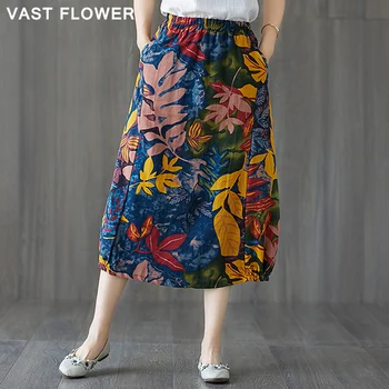 

Summer skirt cotton linen vintage print skirts womens midi clothes loose casual A-Line jupe femme faldas mujer moda 2020