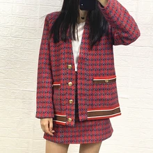 Женское пальто осень/зима из ткани твидовый Красный клетчатый пиджак с v-образным вырезом Красный Блейзер трапециевидная юбка костюм