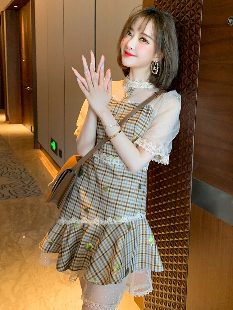 Vestidos Vintage a cuadros flor de lentejuelas, gasa mangas en tela combinada, hoja de loto, novedad de verano - Ropa de mujer