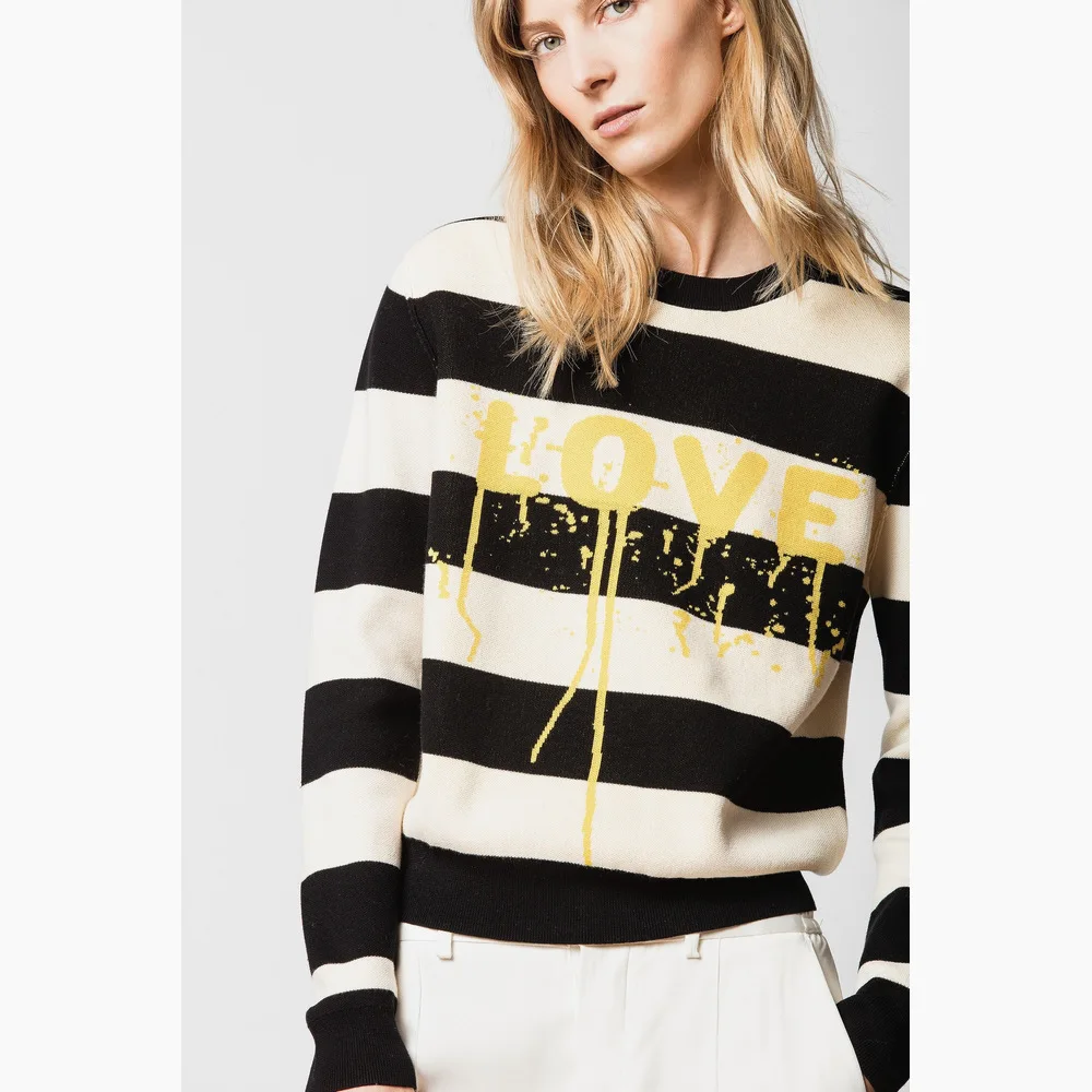 

2019 autumn new Letter embroidery hit the Stripe Women Loose Casual sweater Tops