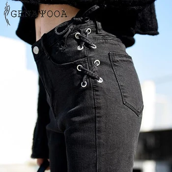 

Genayooa High Waist Black Bandage Skinny Jeans Woman Denim Jean Bodycon Push Up Streetwear Lace Up Jeans For Women Pencil Pants