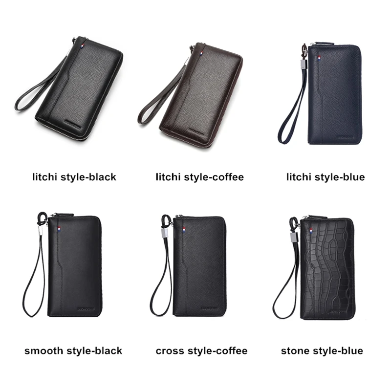 BISON DENIM Genuine Leather Men's Wallet RFID Blocking Long Purse Coin Case Passport Cover For Mens Credit Card Holder W8226