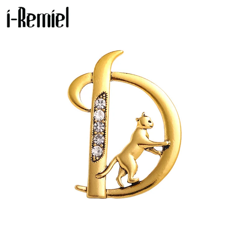 

Retro Style Letter D Brooch Cat on The Moon Cartoon Alloy Metal Rhinestone Jewelry High-grade Suit Lapel Pin Women Accessories