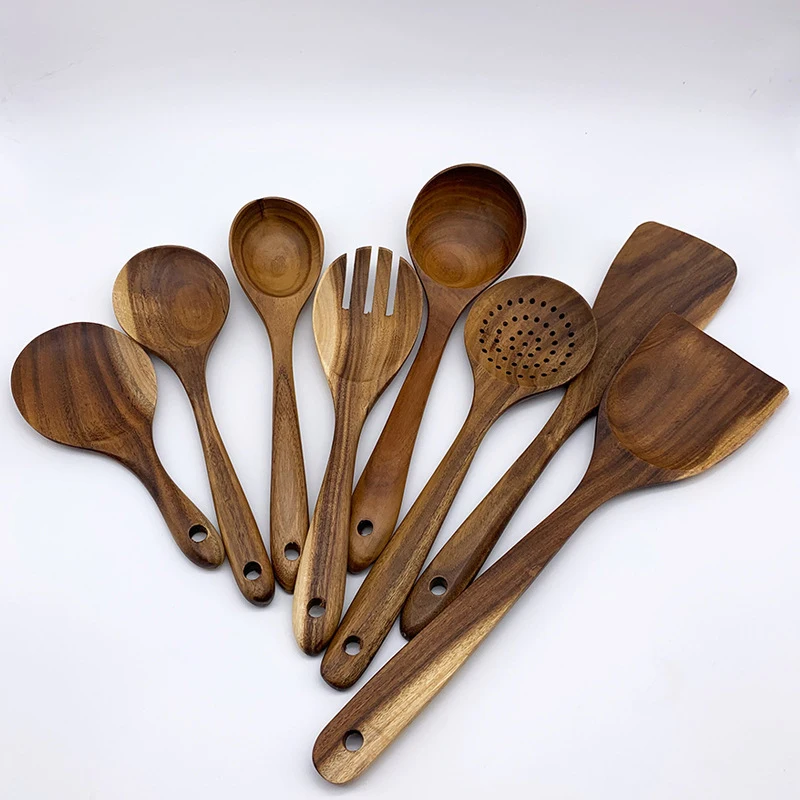 Wooden Spoons for Cooking Nonstick Kitchen Spoons Cooking Utensil Set Non Scratch Natural Teak Wooden Kitchen Tools